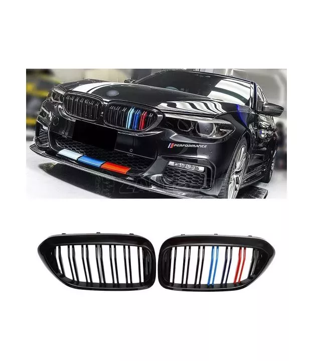 Καρδιές μάσκας για BMW F10 / F11 (2010+) με διπλή γρίλια - tri color - 2τμχ.