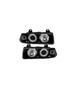 Φανάρια εμπρός angel eyes για BMW E36 (1991-1999) 4d sedan - black , με λάμπες (Η1) - σετ 2τμχ. 