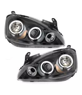Φανάρια εμπρός angel eyes για Opel Corsa C (2001-2006) - μαύρα , με λάμπες (Η1) - σετ 2τμχ. 