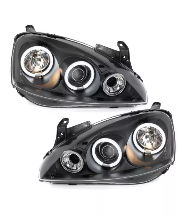 Φανάρια εμπρός angel eyes για Opel Corsa C (2001-2006) - μαύρα , με λάμπες (Η1) - σετ 2τμχ.