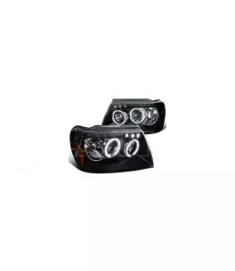 Φανάρια εμπρός led angel eyes για Jeep Grand Cherokee (1999-2005) - μαύρα , με λάμπες (Η1) - σετ 2τμχ. 