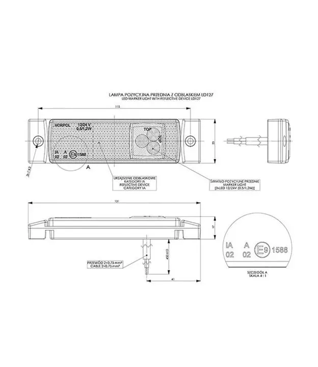 ΦΩΣ ΟΓΚΟΥ ΑΝΑΚΛΑΣΤΙΚΟ LD127 12/24V 3LED HORPOL ΛΕΥΚΟ 13 x 3 cm -1ΤΕΜ.
