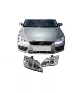 Μπροστινά Φανάρια Set Για Ford Focus 04-08 DRL & Led Φλας Χρωμίου H1/H1 JunYan 