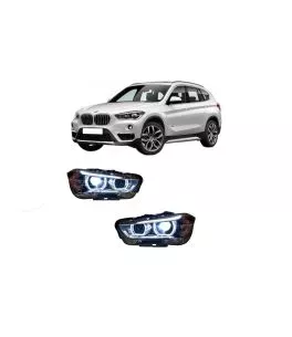 Μπροστινά Φανάρια Set Για Bmw X1 F48 15+ Angel Eyes Full Led Upgrade Μαύρα Με Μοτέρ 