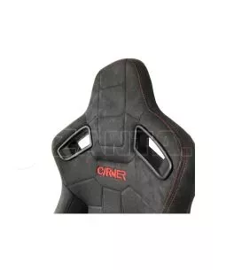 Καθίσματα Bucket R8 Suede Alcantara Μαύρο Με Κόκκινες Ραφές Και Carner Logo Ζευγάρι 2 Τεμαχίων 