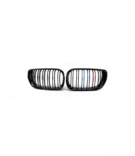 Καρδιές Μάσκας Για Bmw 3 E46 02-05 Sedan/Touring M4 Look Με Διπλή Γρίλια Tri-Color Μαύρο Γυαλιστερό 2 Τεμάχια 