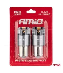 ΛΑΜΠΑΚΙΑ PY21W BAU15s 12/24V 6.000K 2xSMD LED FULL CAN-BUS ΠΟΡΤΟΚΑΛΙ PRO SERIES AMIO - 2 Τεμ. 