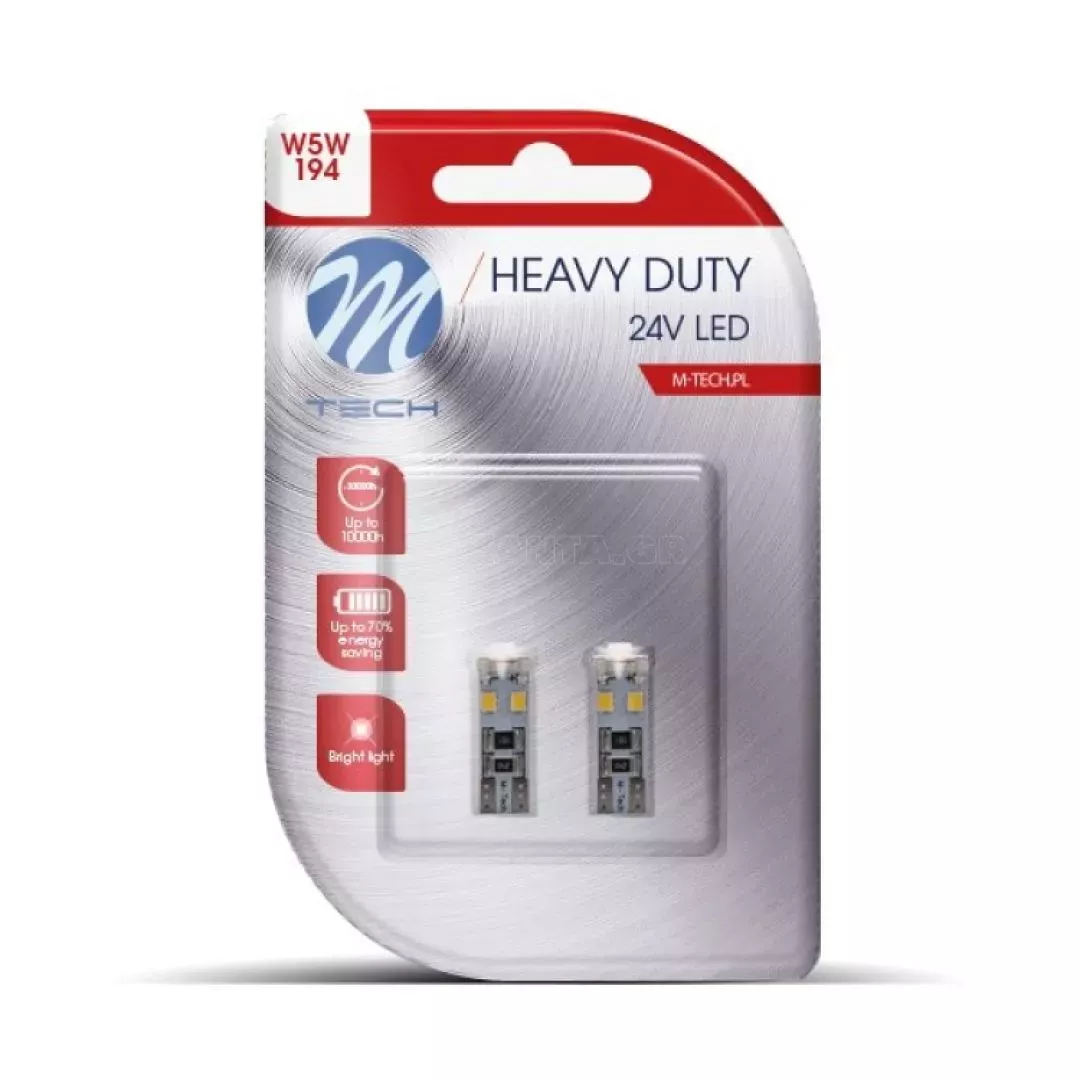 M-tech T10 W5W 24V W2.1x9.5d 8xSMD2835 LED CAN-BUS ΛΕΥΚΟ HEAVY DUTY BLISTER M-TECH - 2 Τεμ. LB9312W/MT