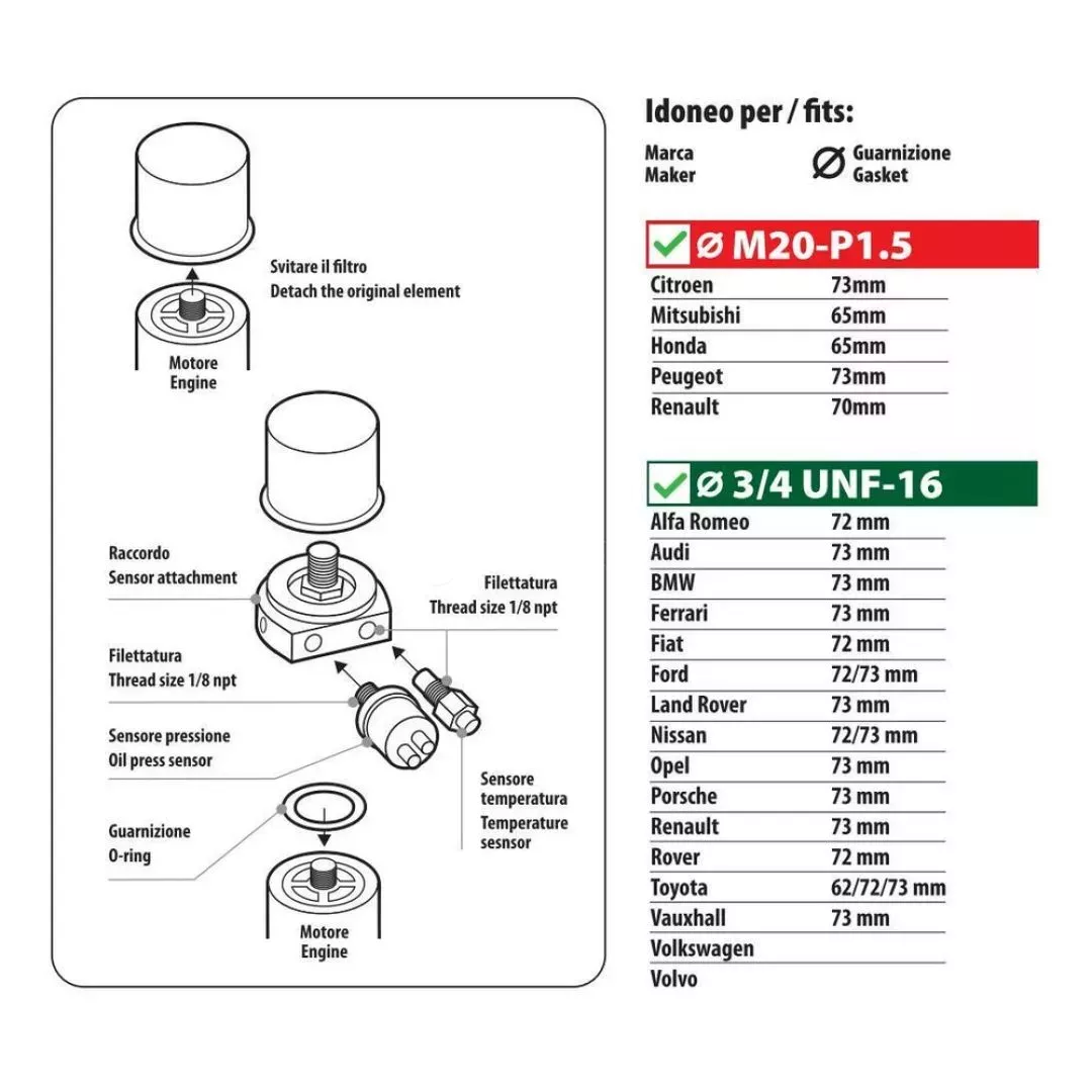 Lampa ΑΝΤΑΠΤΟΡΑΣ ΓΙΑ ΠΙΕΣΗ & ΘΕΡΜΟΚΡΑΣΙΑ ΛΑΔΙΟΥ OIL FILTER CONNECTOR KIT 2in1 M20-P1.5mm/3/4 UNF-16 LAMPA - 1 τεμ. L1010.6
