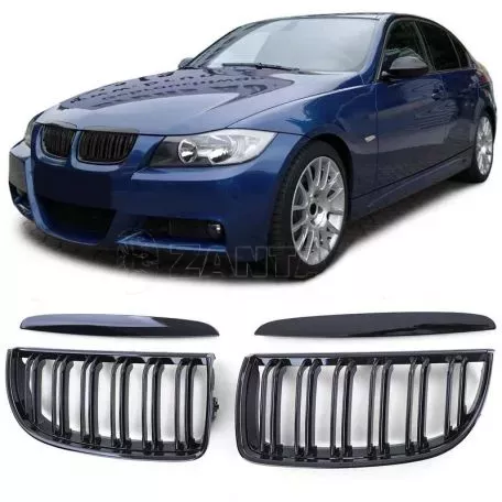 Καρδιές Μάσκας Για Bmw 3 E90 /E91 05-08 M4 Look Με Διπλή Γρίλια Μαύρο Γυαλιστερό 4 Τεμάχια 