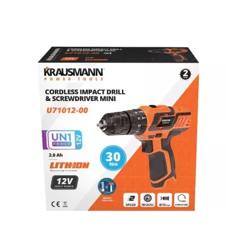 Δραπανοκατσάβιδο Κρουστικό Mini 12V + 2 Μπαταρίες 2.0Ah Με Φορτιστή Και Τσάντα Krausmann U71012-22S 