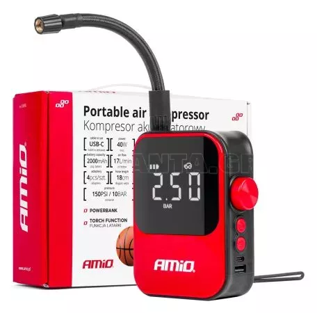 AMIO ΚΟΜΠΡΕΣΕΡ ΑΕΡΑ 7,4V 10bar/150psi 40W ΦΟΡΤΙΣΗ ΜΕ USB / ΜΕ 5 ΑΝΤΑΠΤΟΡΕΣ ΚΑΙ ΨΗΦΙΑΚΗ ΕΝΔΕΙΞΗ AMIO - 1 Τεμ. 03690/AM 