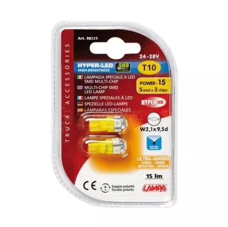 Lampa T10 24V/28V HYPER-LED 15 ΠΟΡΤΟΚΑΛΙ ΔΙΑΘΛΑΣΗΣ 5SMDx3chips (ΚΑΡΦΩΤΟ-ΑΚΑΛΥΚΟ-ΔΙΠΛΗΣ ΠΟΛΙΚΟΤΗΤΑΣ) 2ΤΕΜ. L9832.5 