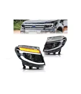 Μπροστινά Φανάρια Set Για Ford Ranger T6 2012-2015 DRL Dynamic Μαύρα Full Led Με Μοτέρ 