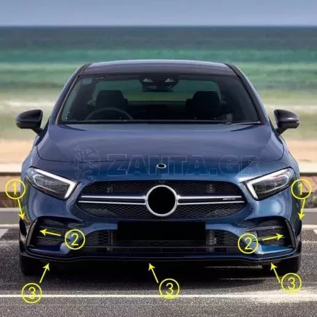 Splitters Μπροστινού Προφυλακτήρα Για Mercedes-Benz A-Class W177 19+ Amg Line Έκδοση Γυαλιστερό Μαύρο 7 Τεμάχια 