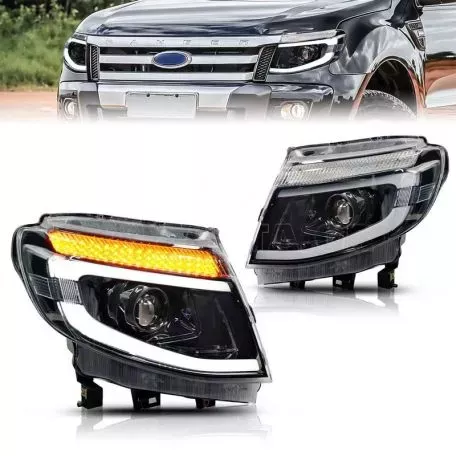 Μπροστινά Φανάρια Set Για Ford Ranger T6 2012-2015 DRL Dynamic Μαύρα Full Led Με Μοτέρ 
