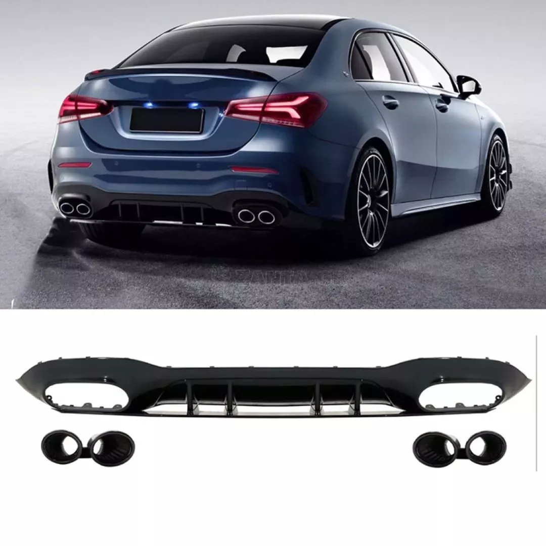Diffuser Πίσω Προφυλακτήρα Για Mercedes-Benz A-Class W177 19+ Sedan Amg Look Με Μαύρες Μπούκες