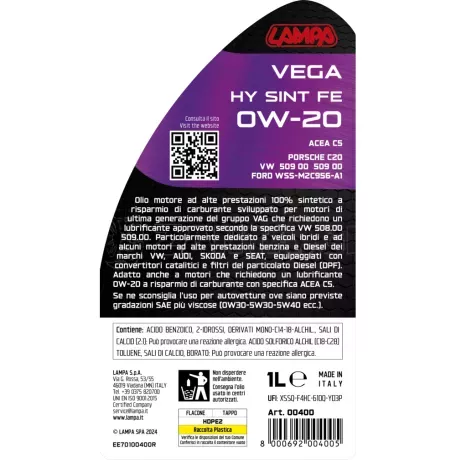 Lampa ΛΑΔΙ ΚΙΝΗΤΗΡΑ OW-20 VEGA HY SINT FE ΣΥΝΘΕΤΙΚΟ ACEA C5 FUEL ECONOMY 1L LAMPA - 1 ΤΕΜ. L0040.0 