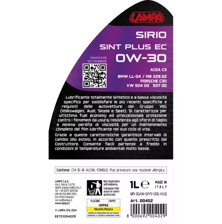 Lampa ΛΑΔΙ ΚΙΝΗΤΗΡΑ OW-30 SIRIO SINT PLUS EC ΣΥΝΘΕΤΙΚΟ ACEA C3 ENERGY CONSERVING 1L LAMPA - 1 ΤΕΜ. L0040.2 