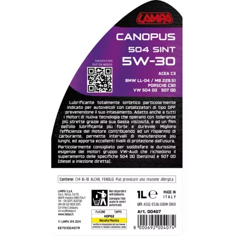 Lampa ΛΑΔΙ ΚΙΝΗΤΗΡΑ SW-30 CANOPUS 504 SINT ΣΥΝΘΕΤΙΚΟ TOP PERFORMANCE 1L LAMPA - 1 ΤΕΜ. L0040.7 