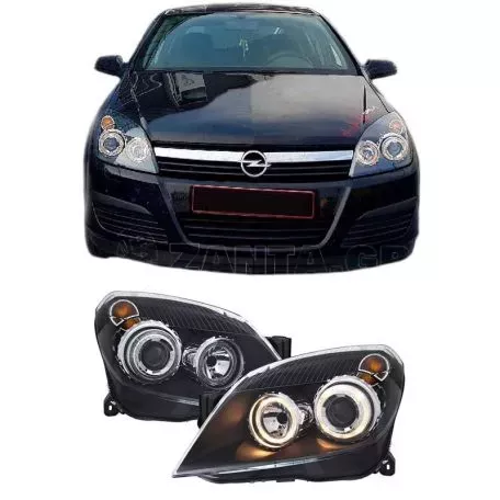 Μπροστινά Φανάρια Set Για Opel Astra H 04-09 Angel Eyes Μαύρα H7/H7 Με Μοτέρ Depo 