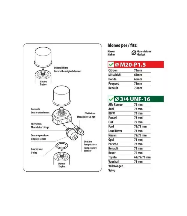 ΑΝΤΑΠΤΟΡΑΣ ΓΙΑ ΠΙΕΣΗ & ΘΕΡΜΟΚΡΑΣΙΑ ΛΑΔΙΟΥ OIL FILTER CONNECTOR KIT 2in1 M20-P1.5mm/3/4 UNF-16 LAMPA - 1 τεμ.