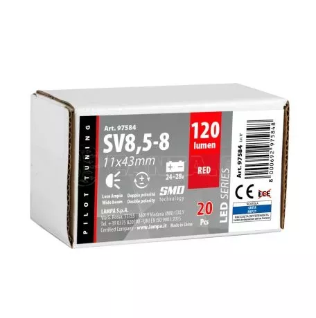 Lampa ΛΑΜΠΑΚΙ ΠΛΑΦΟΝΙΕΡΑΣ 24/28V 11x43mm 60lm 12xSMD LED ΚΟΚΚΙΝΟ ΔΙΠΛΗΣ ΠΟΛΙΚΟΤΗΤΑΣ LAMPA - 20 ΤΕΜ. L9758.4 