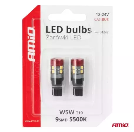 AMIO ΛΑΜΠΑΚΙΑ LED T10 W5W 12V/24V LED CAN-BUS 9xSMD 3030 ΛΕΥΚΟ ΦΩΣ 5.500K (ΣΕ ΧΡΩΜΑ ΚΟΚΚΙΝΟ-ΜΑΥΡΟ) AMIO - 2 ΤΕΜ. 04242/AM 