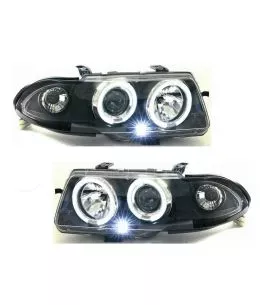 Φανάρια εμπρός angel eyes για Opel Astra F (1994-1999) - μαύρα , με λάμπες (Η1) - σετ 2τμχ. 