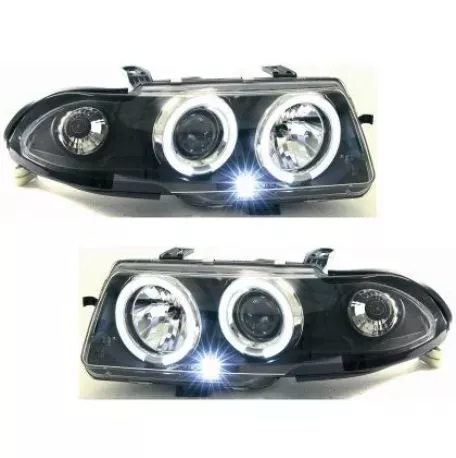 Φανάρια εμπρός angel eyes για Opel Astra F (1994-1999) - μαύρα , με λάμπες (Η1) - σετ 2τμχ. 
