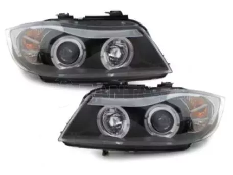 Φανάρια εμπρός angel eyes για BMW E90 (2005-2008) - μαύρα , με λάμπες (Η1) - σετ 2τμχ. 