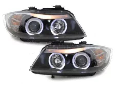 Φανάρια εμπρός angel eyes για BMW E90 (2005-2008) - μαύρα , με λάμπες (Η1) - σετ 2τμχ. 