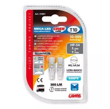 Lampa T10 10-30V W2,1x9,5d 380lm (ΚΑΡΦΩΤΟ) ΛΕΥΚΟ ΔΙΑΘΛΑΣΗΣ MEGA-LED 45 CREE-LED BLISTER 2ΤΕΜ. L5788.1 