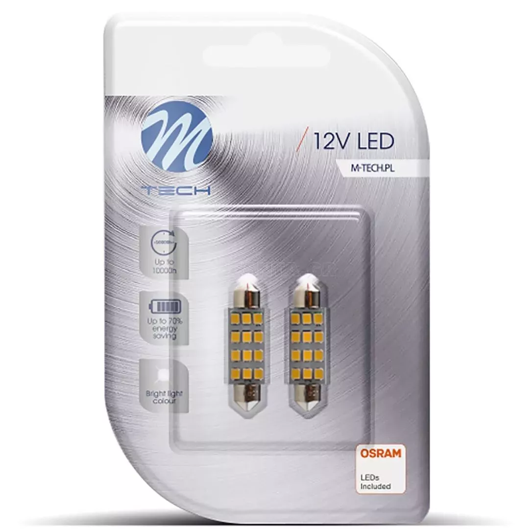 M-tech ΛΑΜΠΑΚΙΑ ΠΛΑΦΟΝΙΕΡΑΣ C5W/C10W 12V SV8.5 41mm 1,5W 12xSMD2835 LED OSRAM ΛΕΥΚΟ BLISTER 2ΤΕΜ. M-TECH LB030W/MT