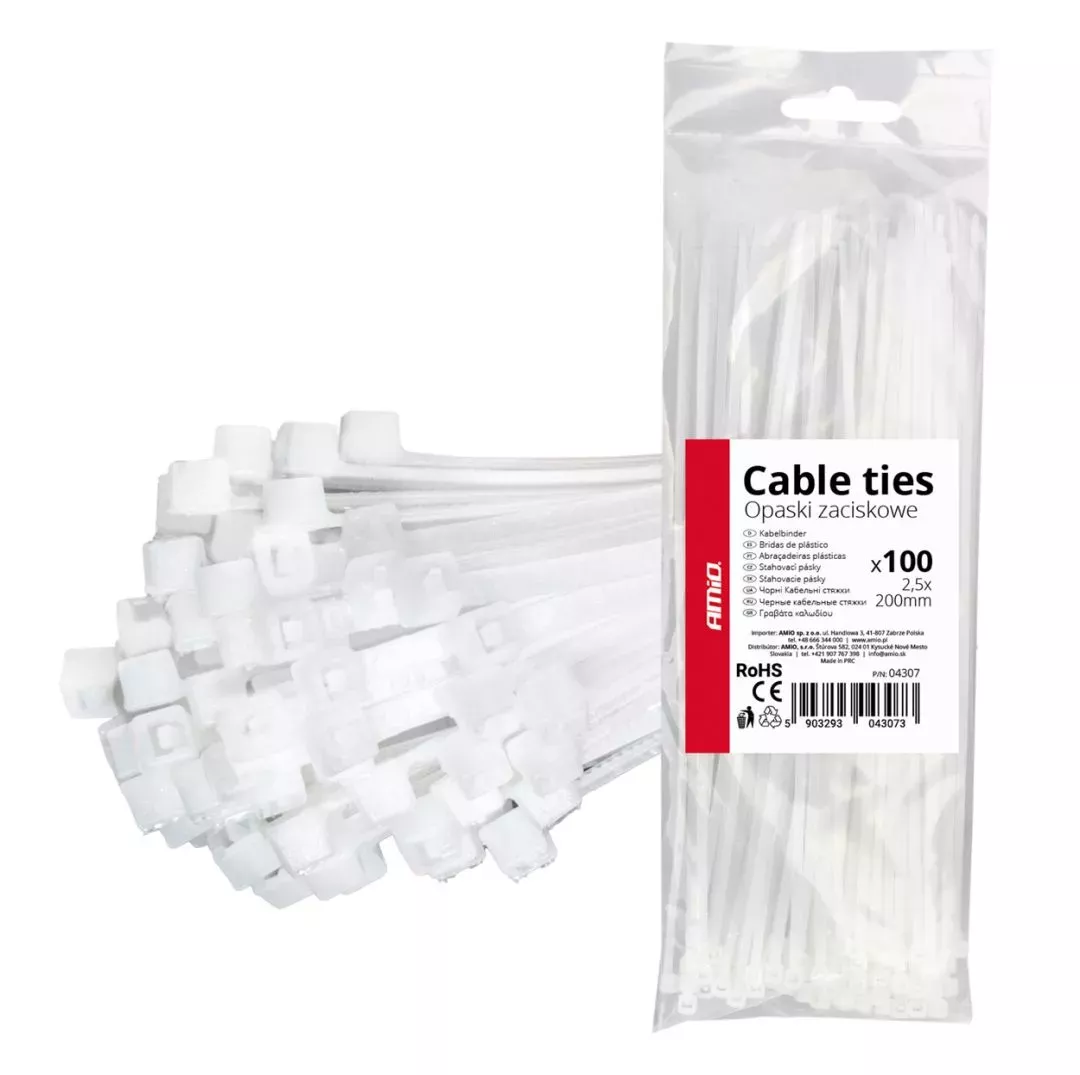 AMIO ΔΕΜΑΤΙΚΑ/ΔΕΤΙΚΑ ΚΑΛΩΔΙΩΝ TIE WRAP (ΤΑΙΡΑΠ) 2.5 x 200mm (ΛΕΥΚΟ) ΑΜΙΟ - 100 ΤΕΜ. 04307/AM