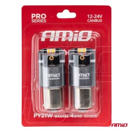 AMIO ΛΑΜΠΕΣ LED CAN-BUS PΥ21W BAU15S 12/24V 6.000K 4xSMD ΠΟΡΤΟΚΑΛΙ PRO SERIES AMIO - 2 ΤΕΜ.  03584/AM 