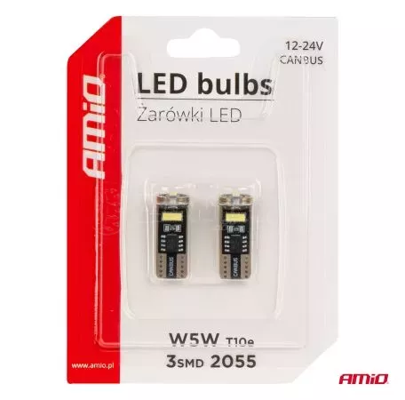 AMIO ΛΑΜΠΑΚΙΑ LED T10e W5W 12/24V 3x2055 SMD LED CAN-BUS ΛΕΥΚΟ AMIO - 2 ΤΕΜ.  03720/AM 