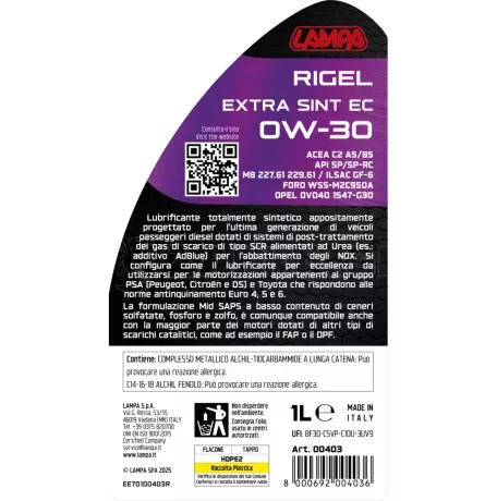 Lampa ΛΑΔΙ ΚΙΝΗΤΗΡΑ 0W30 ΓΙΑ DIESEL (PEUGEOT/CITROEN/DS/TOYOTA) ΣΥΝΘΕΤΙΚΟ EURO 4/5/6 1LT LAMPA - 1τεμ. L0040.3 