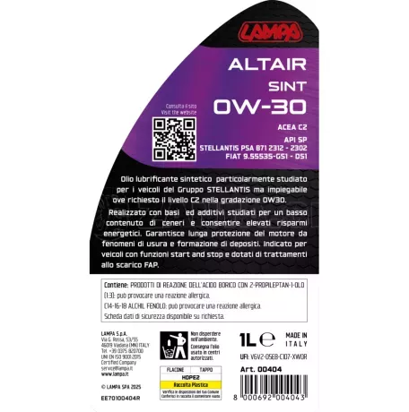 Lampa ΛΑΔΙ ΚΙΝΗΤΗΡΑ 0W30 ΣΥΝΘΕΤΙΚΟ ALTAIR SINT ACEA 2 /API SP /STELLANTIS PSA B71 2312-2302 1LT LAMPA - 1 τεμ. L0040.4 
