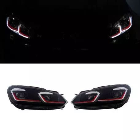 Μπροστινά Φανάρια Set Για Vw Golf VI (6) 08-12 DRL & Led Signal Dynamic Look Golf 7,5 Μαύρα Με Κόκκινη Γραμμή H7 Με Μοτέρ Carner 