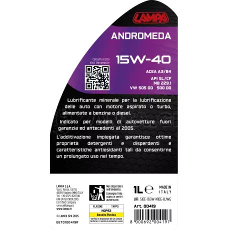 Lampa ΛΑΔΙ ΚΙΝΗΤΗΡΑ 15W40 ΟΡΥΚΤΟ ΓΙΑ ΚΙΝΗΤΗΡΕΣ ΒΕΝΖΙΝΗΣ & DIESEL ACEA A3/B4 ANDROMEDA 1LT LAMPA - 1 ΤΕΜ. L0041.9 
