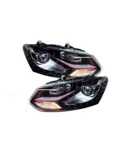 Μπροστινά Φανάρια Set Για Vw Polo 6R/ 6C 09-17 DRL GTI R-Look Μαύρα Με Κόκκινη Γραμμή H7/H7 Με Μοτέρ Carner 