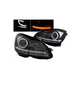 Μπροστινά Φανάρια Set Για Mercedes-Benz C-Class W204 11-14 DRL & Led Φλας Μαύρα H7 Με Μοτέρ Depo 