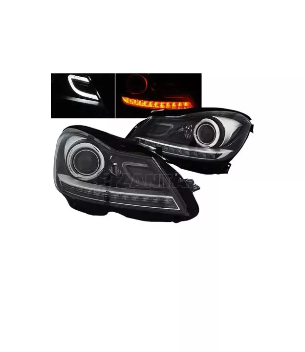 Μπροστινά Φανάρια Set Για Mercedes-Benz C-Class W204 11-14 DRL & Led Φλας Μαύρα H7 Με Μοτέρ Depo