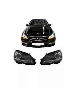 Μπροστινά Φανάρια Set Για Mercedes-Benz C-Class W204 11-14 DRL & Led Φλας Μαύρα H7 Με Μοτέρ Depo 
