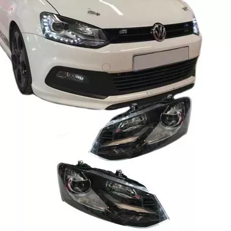 Μπροστινά Φανάρια Set Για Vw Polo 6R/ 6C 09-17 DRL GTI R-Look Μαύρα Με Ασημί Γραμμή H7/H7 Με Μοτέρ Carner 