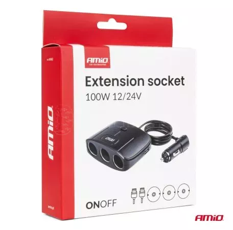 AMIO ΑΝΤΑΠΤΟΡΑΣ ΑΝΑΠΤΗΡΑ 12/24V 100W ΜΑΥΡΟΣ/3 ΘΕΣΕΙΣ/2xUSB-A /ΚΟΥΜΠΙ ON-OFF/ΚΑΛΩΔΙΟ 70cm AMIO - 1 Τεμ. 04362/AM 