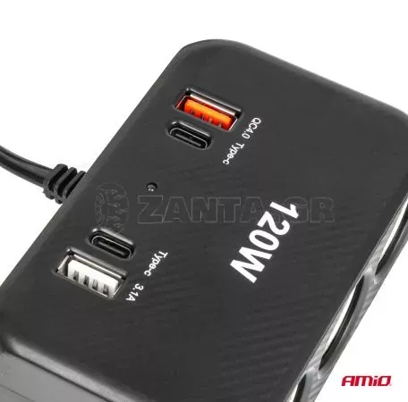 AMIO ΑΝΤΑΠΤΟΡΑΣ ΑΝΑΠΤΗΡΑ 12/24V 120W ΨΗΦΙΑΚΟΣ ΜΑΥΡΟΣ/3 ΘΕΣΕΙΣ/2xUSB-A + 1xUSB-C QC 4.0  ΜΕ ΚΑΛΩΔΙΟ 80cm AMIO - 1 Τεμ. 04366/AM 