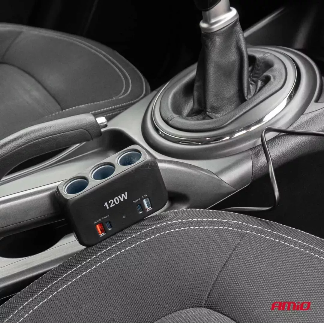 AMIO ΑΝΤΑΠΤΟΡΑΣ ΑΝΑΠΤΗΡΑ 12/24V 120W ΨΗΦΙΑΚΟΣ ΜΑΥΡΟΣ/3 ΘΕΣΕΙΣ/2xUSB-A + 1xUSB-C QC 4.0 ΜΕ ΚΑΛΩΔΙΟ 80cm AMIO - 1 Τεμ. 04366/AM