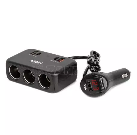 AMIO ΑΝΤΑΠΤΟΡΑΣ ΑΝΑΠΤΗΡΑ 12/24V 120W ΨΗΦΙΑΚΟΣ ΜΑΥΡΟΣ/3 ΘΕΣΕΙΣ/2xUSB-A + 1xUSB-C QC 4.0  ΜΕ ΚΑΛΩΔΙΟ 80cm AMIO - 1 Τεμ. 04366/AM 